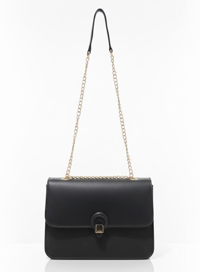 FUMES Black Women’s Luxury Flap Shoulder Bag with Chain Strap and Magnetic Closure - Image 2